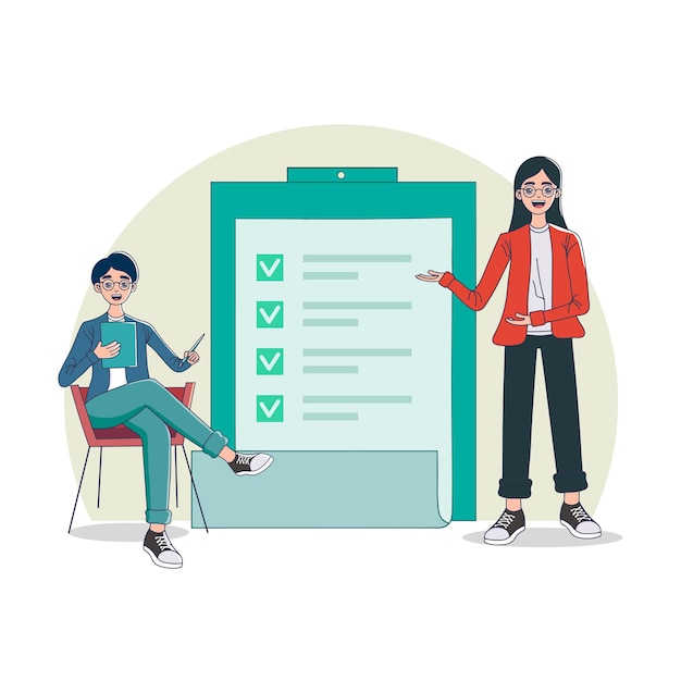 flat design group of businessman showing a checklist board indicating completion of a task and goal