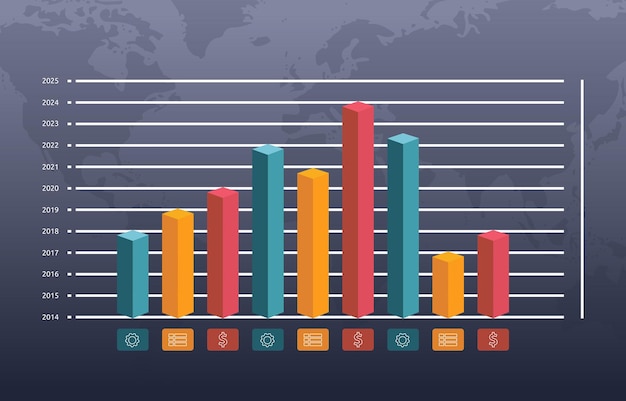 flat design illustration of business fluctuation bar chart diagram statistic data with world map background