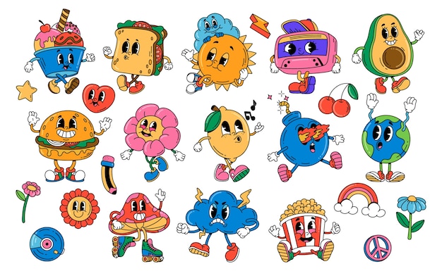 Flat groovy 70s character element set collection
