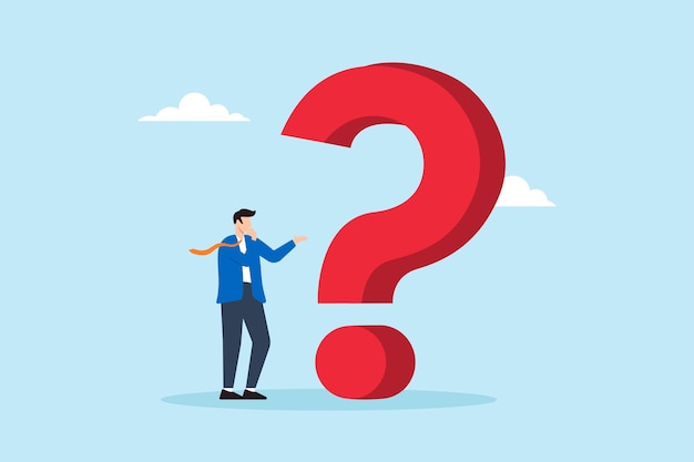 Flat illustration of businessman thinks with big red question mark problem solving faq frequently asked questions solution contemplation