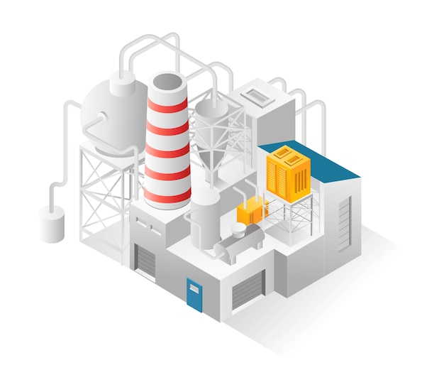 Flat isometric illustration concept oil and gas industrial machine with many tanks and pipelines
