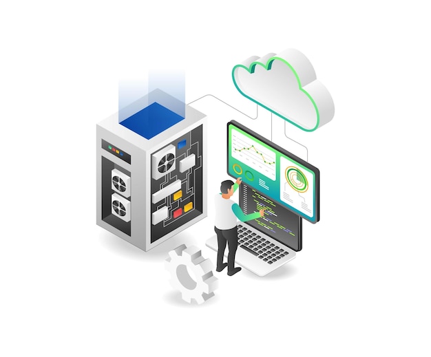Flat isometric illustration concept technician programmer cloud server analyst