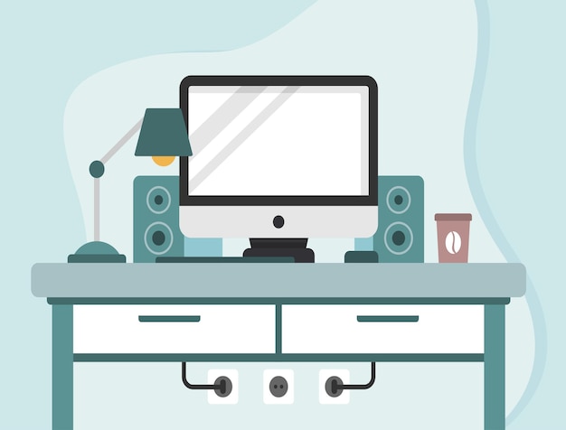 flat minimalist desk workspace with computer and speakers vector illustration