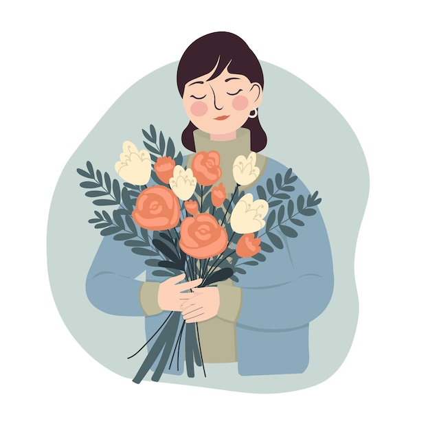 Flat style postcard Nice young woman with a beautiful bouquet of fresh flowers