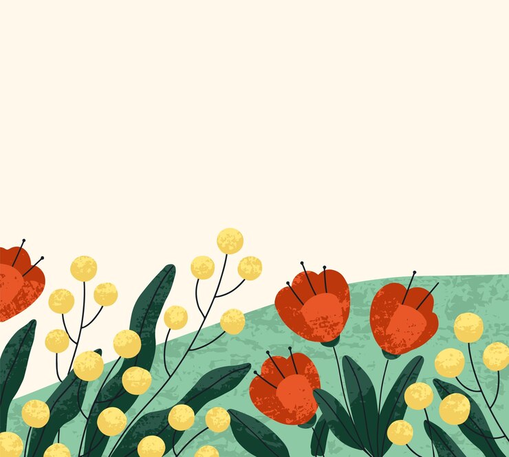 Vektor floral card with wild flowers, field plants, grass on summer meadow. background design with delicate blossomed wildflowers. romantic postcard with pretty blooms. flat vector illustration.