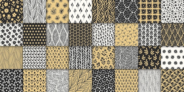 floral hand drawn doodle seamless pattern with flowers and leaves vector seamless pattern set