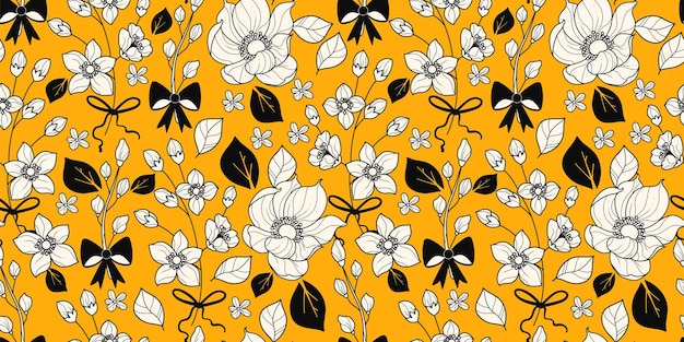 Flower seamless pattern with beautiful hand drawn botanicals isolated on yellow background elegant