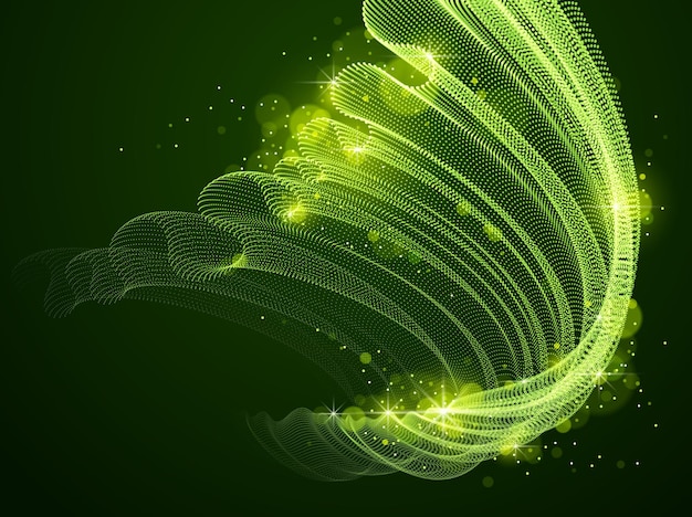 Flowing magic energy particles over dark, wave of blended dots transparent tulle textile on wind. Curved dotted 3d lines vector effect illustration. 3d futuristic style.
