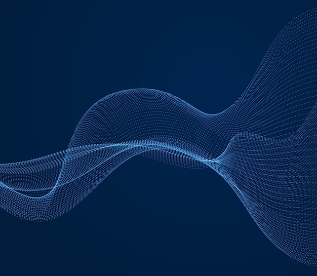 flowing particles wave over dark background, dynamic sound motion curve lines. 3d vector illustration. beautiful wave shaped array of shining blended points.