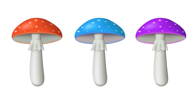 Fly agarics Set of mushrooms Vector 3D illustration isolated on white background