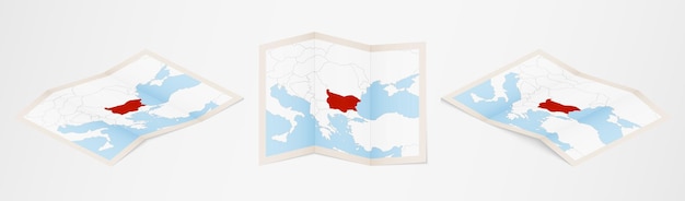 folded map of bulgaria in three different versions.