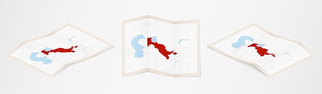 folded map of uzbekistan in three different versions.