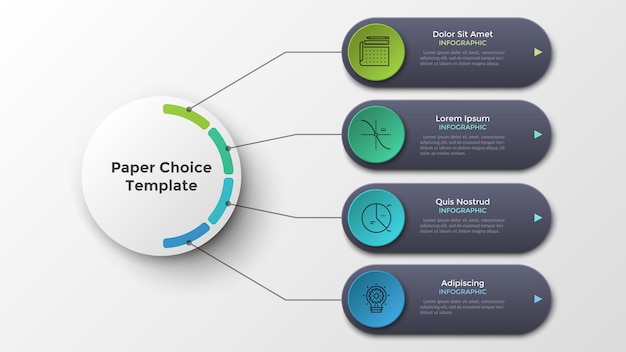 four rounded elements connected to main paper white circle by lines. modern infographic design template. realistic vector illustration for visualization of 4 features or options of business project.