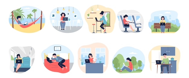 freelance characters working in different places with notebook work in bedroom with laptop in public transport and cafe recent workers vector set