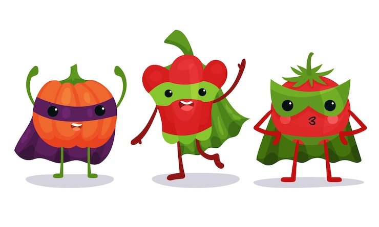 Vektor funny vegetables wearing superhero cloak vector illustration set