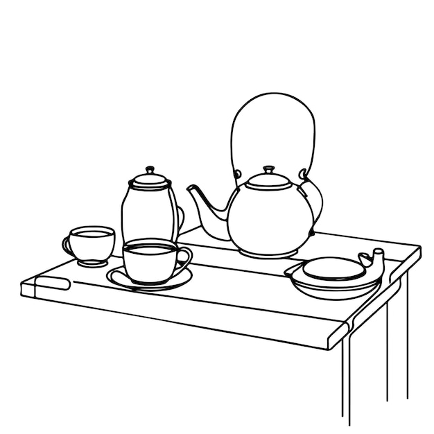 Furniture in cafe Cup of coffee tea on table Lineart
