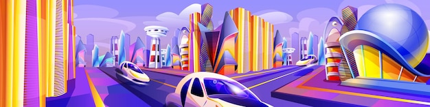 future city with flying cars and futuristic glass buildings