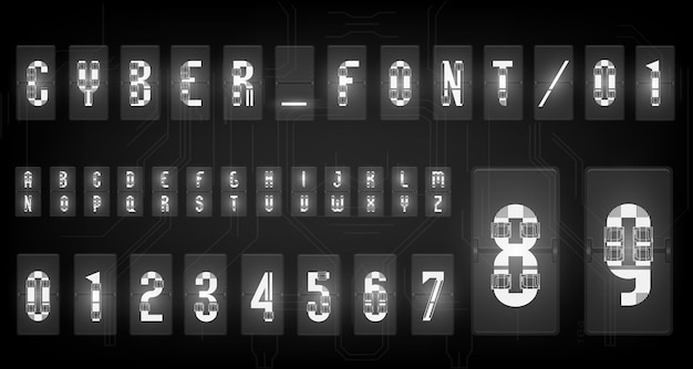 Futuristic vector Font design Letters and Numbers for web and app Techno font alphabet Digital hitech symbols for HUD interface and cyberspace Set of numbers and symbols for lamp o'clock