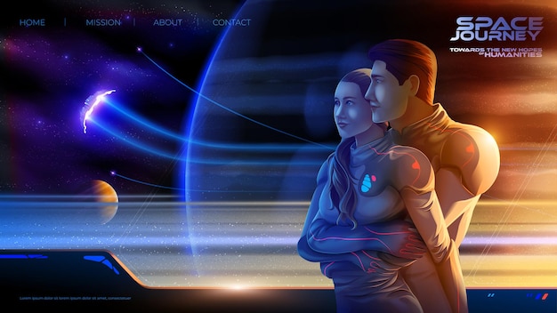 futuristic vector illustration of the embracing couple inside the colony spaceship