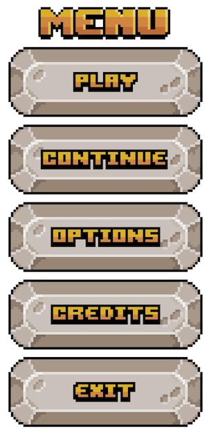 game menu in pixel art and 8bit style made up of stone buttons