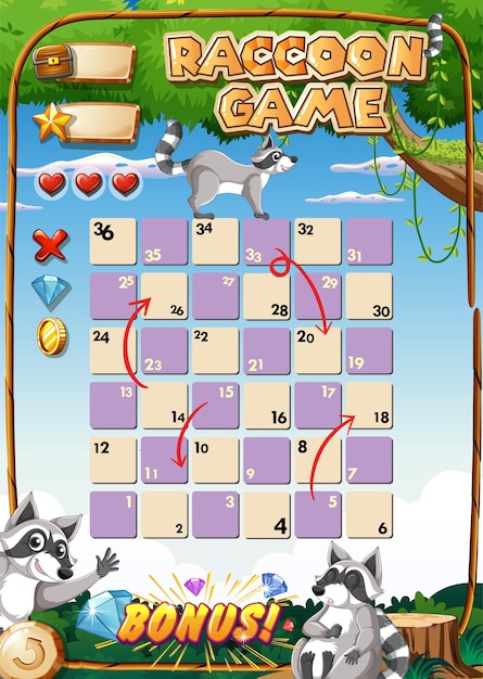 Game template design with raccoons in forest