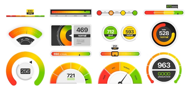 Gauges measuring scale Progress bar and tachometer dials energy level and speedometer quality rating and score infographic Vector set