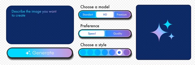 Generate AI image user interface with tools button window for promt text trendy style Artificial intelligence buttons trendy neumorphic for ui ux element app website vector