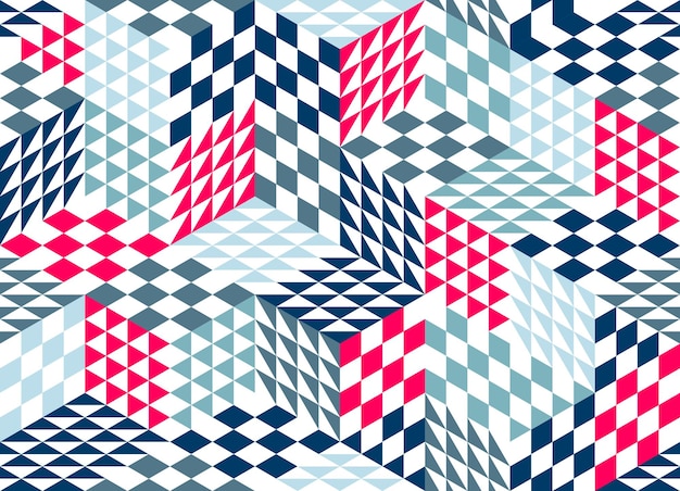 Geometric 3D seamless pattern with cubes, rhombus and triangles boxes blocks vector background, architecture and construction, wallpaper design.