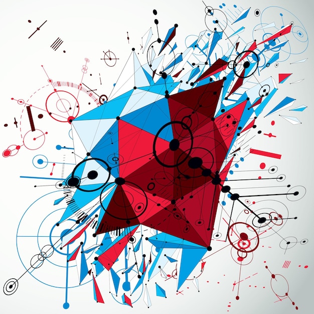 Geometric Bauhaus 3d vector background with low poly abstract demolished object created from circles and connected lines. Best for use as advertising poster or banner design.