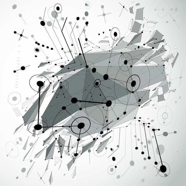 Geometric Bauhaus 3d vector monochrome background with low poly abstract demolished object created from circles and connected lines. Best for use as advertising poster or banner design.
