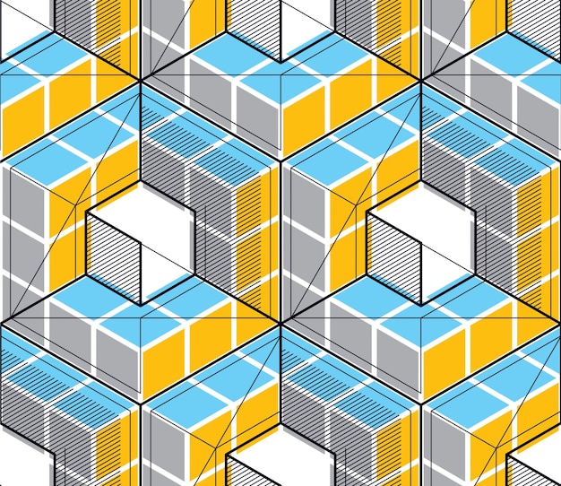 Geometric cubes abstract seamless pattern, 3d vector background. Technology style engineering line drawing endless illustration. Usable for fabric, wallpaper, wrapping, web and print.