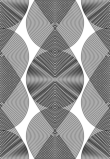 geometric monochrome stripy overlay seamless pattern, black and white vector abstract background. graphic symmetric backdrop with overlapping geometric shapes.