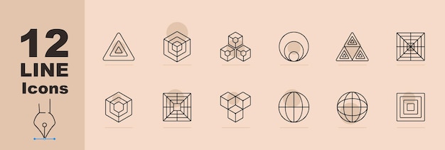 Geometric set icon Triangle cube hexagon circular arcs nested triangles square grid concentric hexagons cubic structure sphere globe layered squares