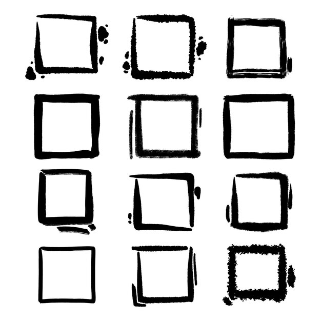 geometric shape and frame square in doodle style hand drawn brush isolated on white background