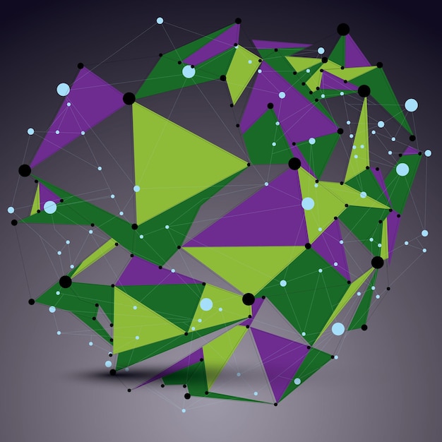 Geometric vector abstract 3D complicated lattice object, multicolored asymmetric element with wireframe structure and connected lines.