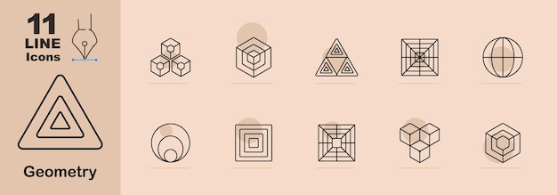 Geometry set icon Cube pyramid sphere circle triangle structure shape grid 3D object design abstract form pattern geometric symbol art mathematics line architecture polyhedron