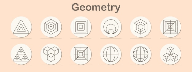 Geometry set icon Triangle hexagon square circle cube grid sphere polygon structure 3D symmetry abstract design shape graphic pattern vector geometry line art object architecture