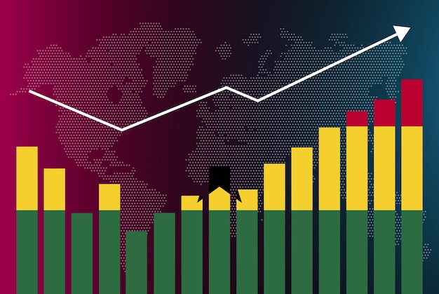 Ghana bar chart graph with ups and downs, increasing values, Ghana country flag on bar graph