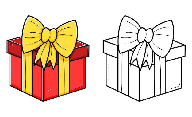 Gift box coloring book with coloring example for kids Coloring page with gift box Monochrome and color version Vector childrens illustration