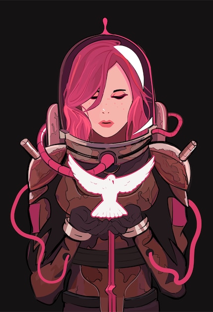 girl astronaut in a spacesuit holding a white dove abstract creative sci fi illustration