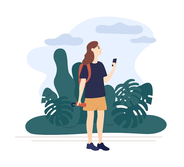 Girl holding umbrella looking weather forecast use smartphone vector flat illustration. Woman walking in natural park at overcast day isolated on white. Female surrounded by landscape with cloudy sky.