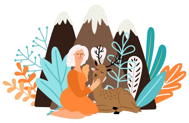 Vektor girl with deer animal. cartoon pretty woman with beautiful baby deer in the forest illustration