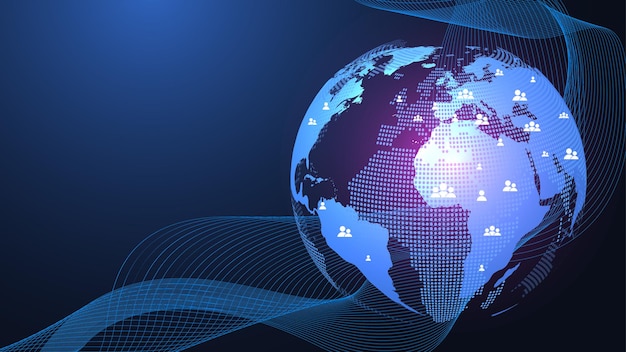 Global network connection concept. Big data visualization. Social network communication in the global computer networks. Internet technology. Business. Science. Vector illustration.