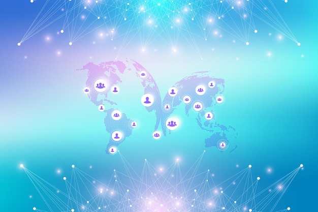 Global network connection. Geometric abstract background with connected line and dots. Network and connection background for your presentation. Graphic polygonal background. Vector illustration.