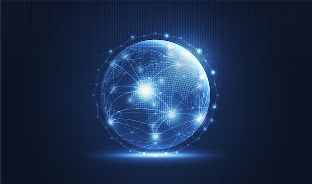 global network technology background with world map or social media communication internet network