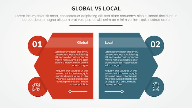 global vs local versus comparison opposite infographic concept for slide presentation with creative hexagon slice with circle badge with flat style