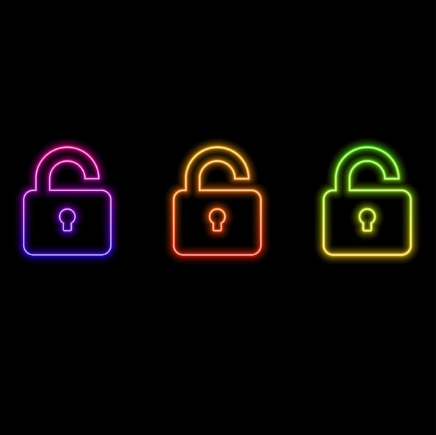 glowing neon line open lock icon isolated on black background open lock signal cybersecurity concept