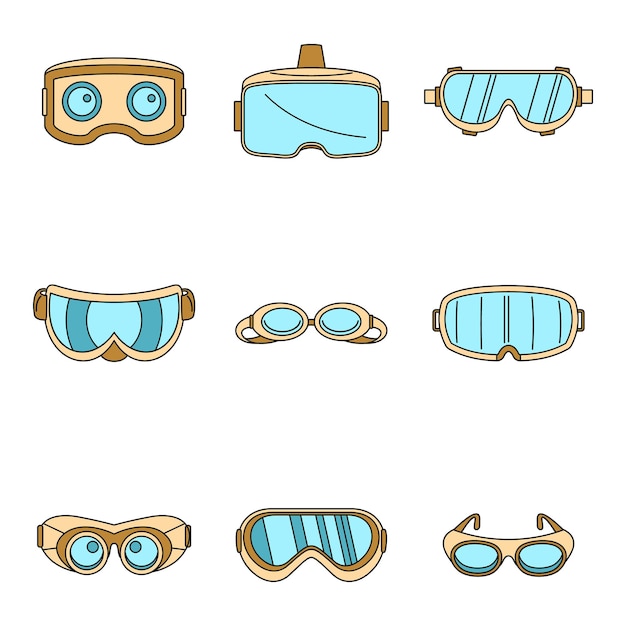Goggles ski glass mask icons set Simple illustration of 9 goggles ski glass mask vector icons thin line color flat on white
