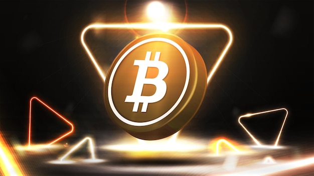 Gold bitcoin in black scene with neon triangle frame in scene with neon gold triangles around