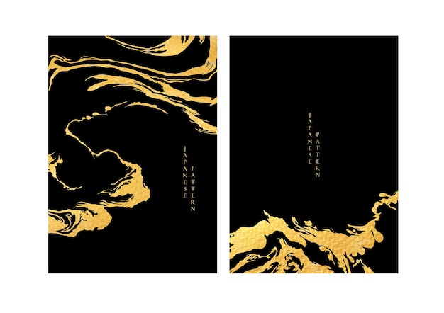 Gold texture with Japanese wave pattern in vintage style Abstract art landscape banner design